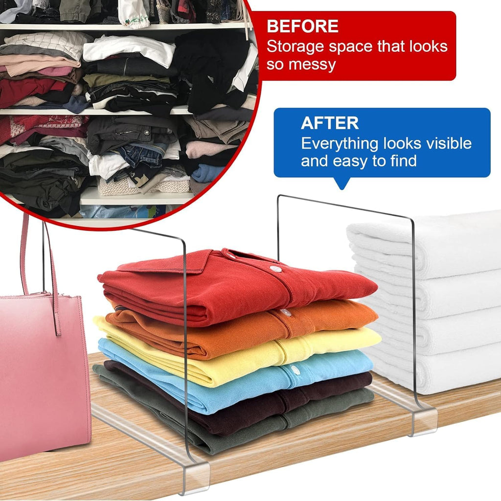 Skiennix Clear Shelf Dividers - 12 Inches Extra Tall | 6 Pack Acrylic Closet Organizer for Sweaters & Clothes