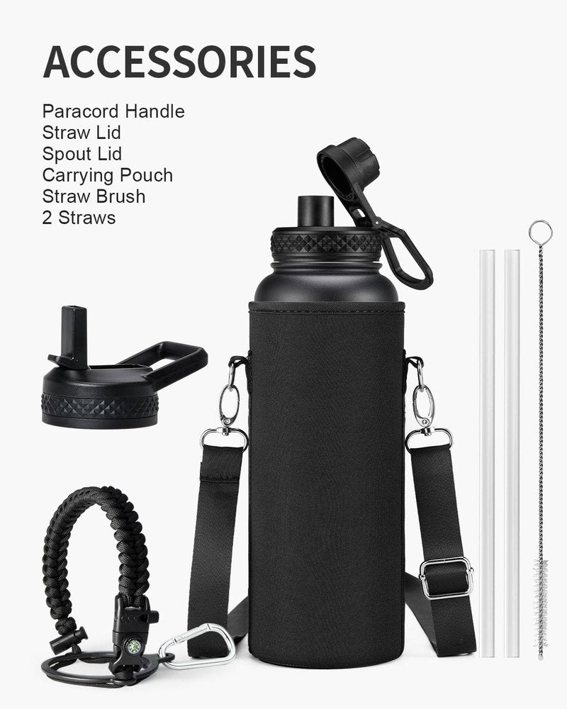 Topre 40oz Insulated Water Bottle,Stainless Steel Vacuum Water Bottle, BPA-Free & Leakproof -with Paracord Handle,Strap,Straw Spout Lids,Large Water Jug for Gym Sports