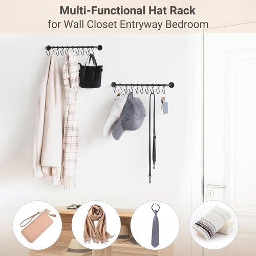 Mkono Hat Rack - Modern Wall-Mounted Cap Organizer with 20 Hooks | Set of 2 Black for Bedroom and Entryway