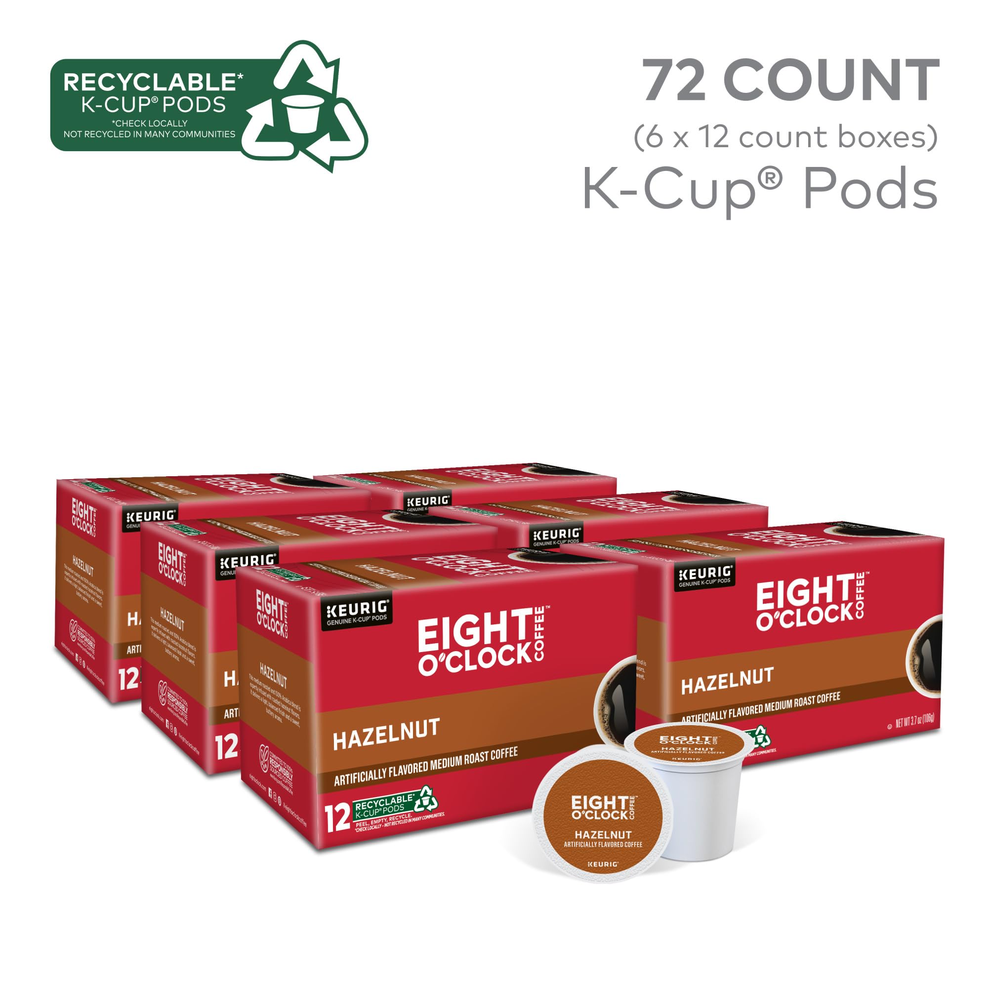 Eight O'Clock Coffee Hazelnut, Single-Serve Coffee K-Cup Pods, Medium Roast, 72 Count