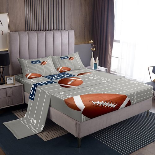 jejeloiu Football Sheet Set Queen Size Kids Rugby Sheets with Deep Pocket Fitted Sheet for Boys Girls Teens Football Bed Sheets Set Breathable Sports Theme Bedding Set Room Decor