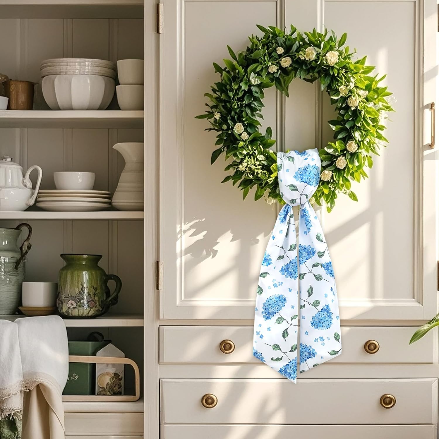 Skiennix Wreath Sash - Decorative Boxwood Sash for Indoor/Outdoor Decor | 4.7'' x 57'' (Blue & Green Floral)