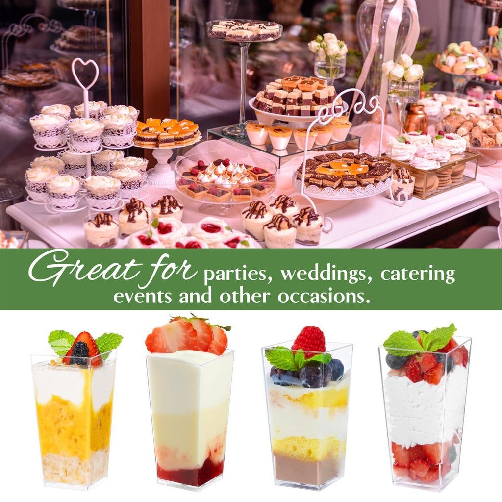 Zezzxu 3 oz Square Mini Dessert Cups with Spoons - 50 Pack Plastic Pudding & Parfait Cups Party Dessert Shooters for Serving Trifle Mousse Cake Appetizers
