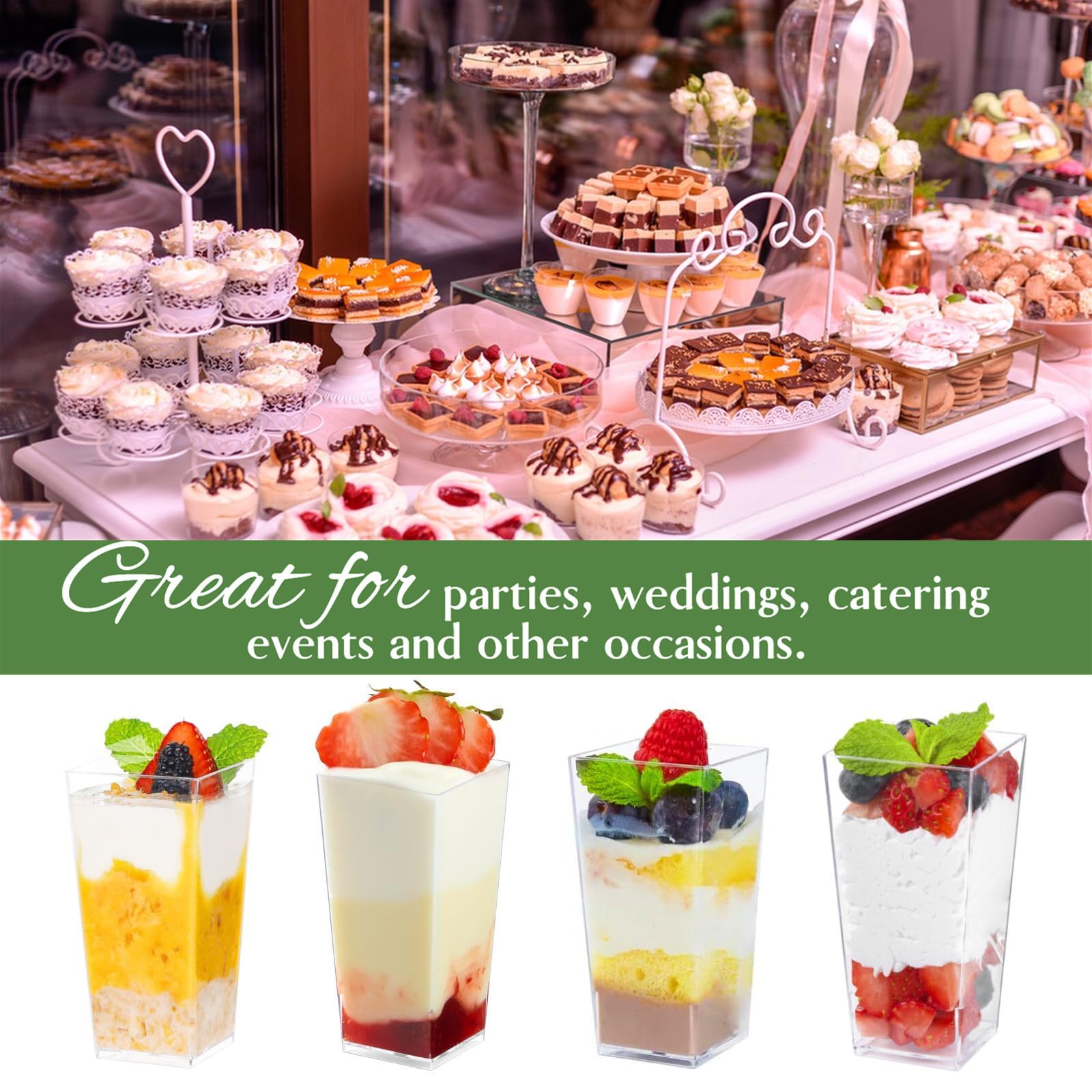 Zezzxu 3 oz Square Mini Dessert Cups with Spoons - 50 Pack Plastic Pudding & Parfait Cups Party Dessert Shooters for Serving Trifle Mousse Cake Appetizers