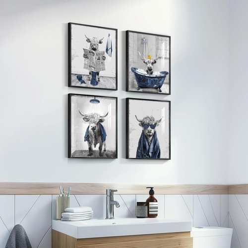 Highland Cow Art | Funny 4-Piece Bathroom Wall Decor - Cute Navy Blue Prints for Restroom