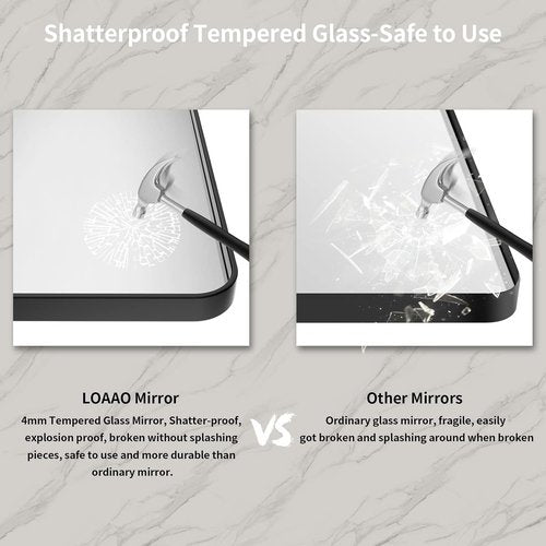 LOAAO Black Metal Framed Bathroom Mirror - 48x36 Inch Rounded Rectangle, Anti-Rust Tempered Glass, Versatile Hang
