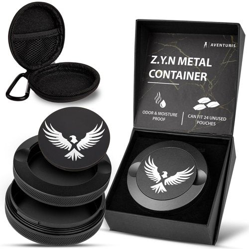 AVENTURIS Premium Zyn Metal Can - Waterproof, Moisture & Odor Proof - Metal Zyn Container - Dip Can, Zyn Tin, Zyn Holder with Knurled Edges, Aluminum Zyn Can & Organizer (Soar Black, Knurled Edge)
