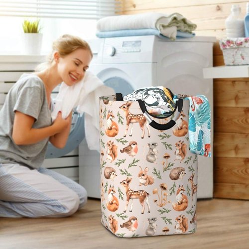 Gbuzozie Forest Little Animals Laundry Hamper Deer Squirrel Fox Hedgehog Bird Storage Basket Toys Clothes Organizer Bin For Home Bathroom Bedroom Dorm Nursery, 52l
