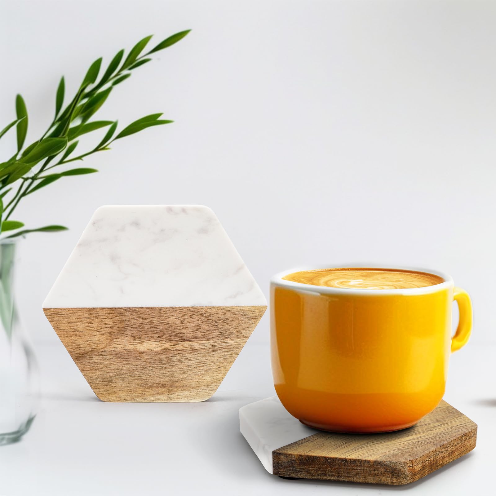 ZENFUN Set of 6 Marble Wood Coaster, Hexagon Geometric Coasters, Handcrafted Marble Coasters Set for Your Drinks and Beverages, Tea, Coffee, Wine/Bar Glasses, Tabletop Protection Helper