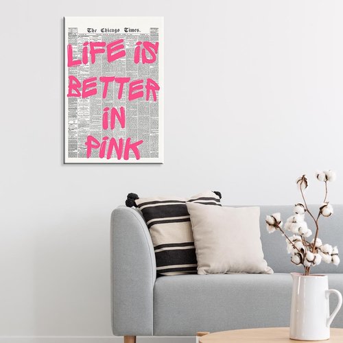 Life Is Better In Pink Canvas Poster - Retro Newspaper Design | Positive Affirming Quote 12x16in Unframed