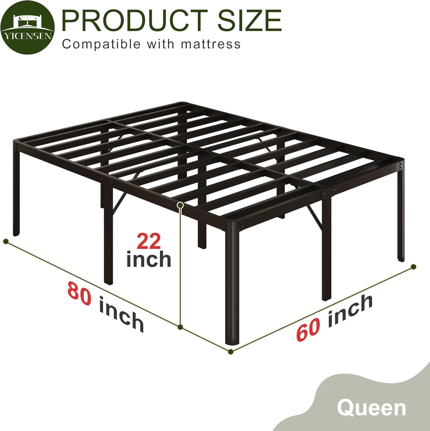 Yicensen Queen Bed Frame - 22 Inch High Heavy Duty Metal Platform | Rounded Corners, Easy Assembly, Noise-Free, Black