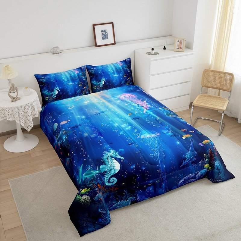 Feelyou Seahorse Comforter Set Twin Size Kids Marine Animals Comforter for Boys Girls Teens Jellyfish Bedding Set Underwater Animal Duvet Set Marine Life Sealife Quilt