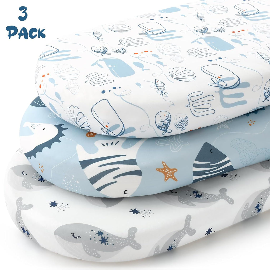 Yoofoss Bassinet Sheets - 3-Pack Fitted Baby Sheets for Halo & Baby Delight | Soft Breathable Blue & Seahorse