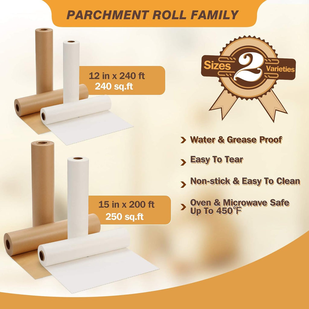 Unbleached Parchment Paper Roll - Non-Stick Baking Paper, 12 In x 240 Ft for Cooking & Grilling