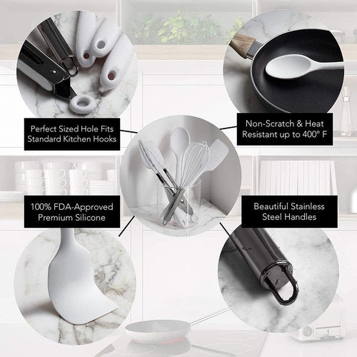 Country Kitchen Silicone Cooking Utensils - Easy to Clean Spatula Set for Nonstick Cookware | Standard White