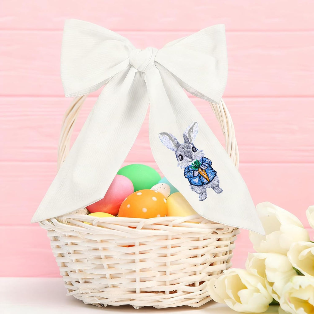 Wavwavw Seersucker Easter Basket - Embroidered Bunny Design with Large Pastel Gift Bow | White
