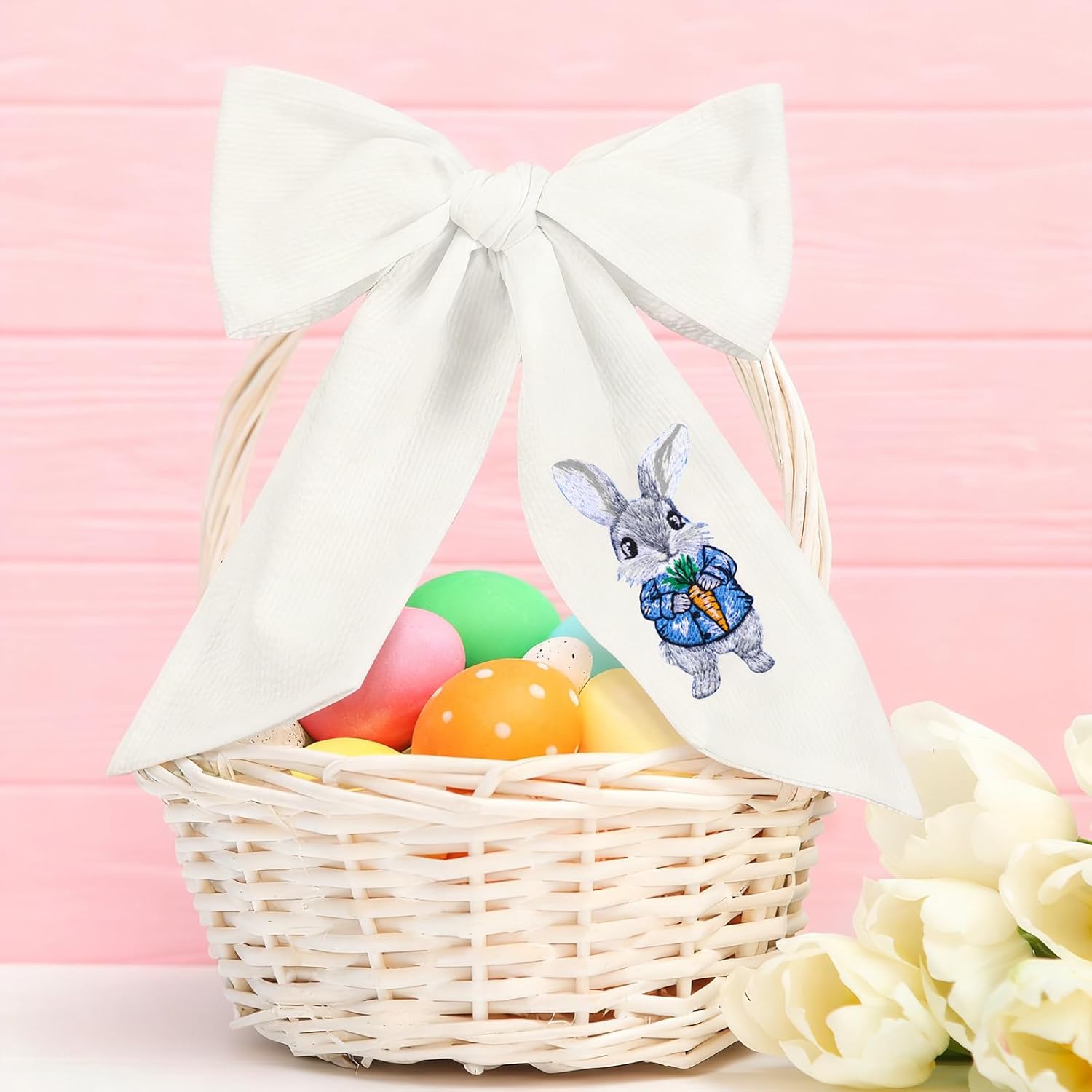 Wavwavw Seersucker Easter Basket - Embroidered Bunny Design with Large Pastel Gift Bow | White