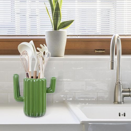 MyGift Ceramic Cactus Utensil Holder, Southwestern Green Countertop Crock – Durable Kitchen Organizer for Spoons, Paintbrushes, Desert & Cactus Home Decor