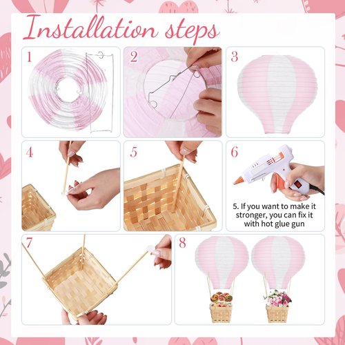 Meooeck 8 Sets Hot Air Balloons Baby Shower Table Decorations Centerpieces 11.8'' Paper Lanterns with Baskets Sticks for Gender Reveal Birthday Wedding Graduation Party (Pink)