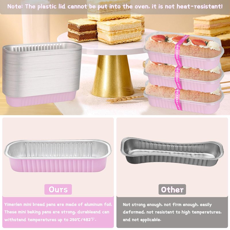 Yimerlen 100 Pack Mini Loaf Pans Mini Cake Pans with Lids and Spoons Sealing Sticker, 6.8oz Rectangle Aluminum Foil Baking Pans Disposable Loaf Cake Pan for Baking (Pink)