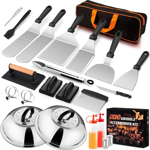 25Pcs Griddle Accessories Kit for Blackstone, Joyfair Stainless Steel Flattop Grilling Spatula Accessory Tools Set with Smash Burger Press Basting Cover for Outdoor BBQ Hibachi Cooking (PP Handle)