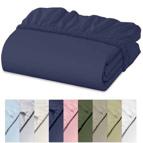 RUVANTI 100% Cotton Fitted Sheet Full Size Only - Crispy Cooling Percale Sheet - Breathable & Durable - Deep Pocket 16 Inches (Fits up to 18") - Deep Navy - 1 Piece