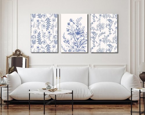 Blue Flowers Wall Art Set of 3, Chinoiserie Floral Canvas Wall Decor, Botanical Wall Art, Blue-Purple Wildflower Pattern Prints, Blue and White Plant Painting for Bathroom Bedroom 16x24 in Framed