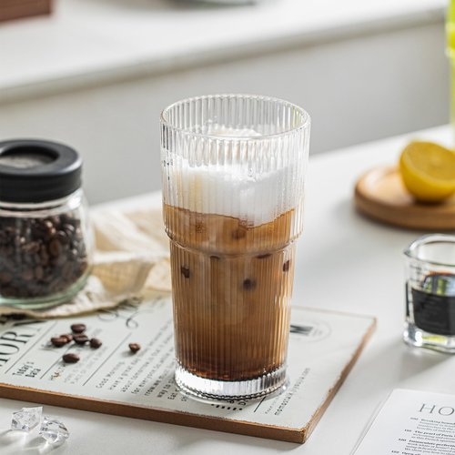 INSETLAN 20oz Ribbed Glass Tumbler Set of 4 – Large Capacity Drinking Glasses for Iced Coffee, Water, Juice, and Cocktails – Elegant Modern Glassware for Everyday Use and Special Occasions