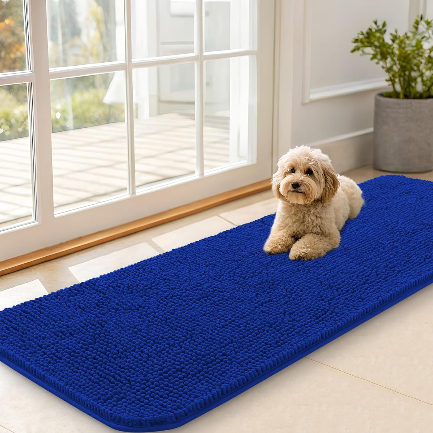 OLANLY Dog Door Mat - Absorbent Non-Slip Mud Mat for Indoor Use | 59x20 Royal Blue, Quick Dry Chenille