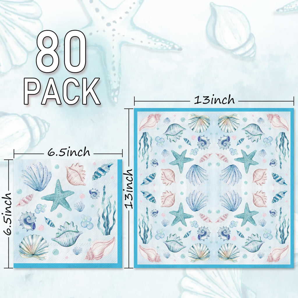JarThenaAMCS 80Pcs Sea Paper Napkins Blue Starfish Seashell Coral Disposable Napkins Summer Ocean Luncheon Dinner Napkins for Under the Sea Beach Party Supplies