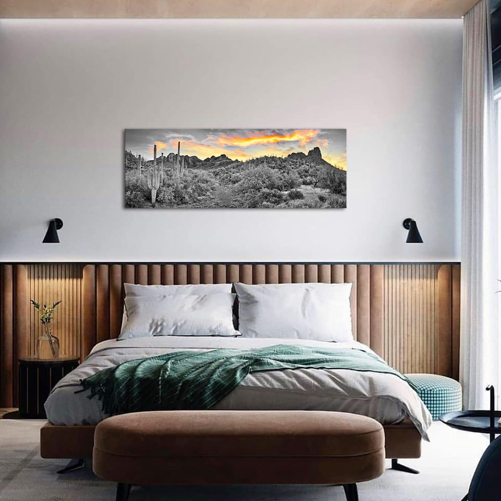 iKNOW FOTO Sonoran Desert Canvas Art Sunset Cactus USA Natural Landscape Picture Print for Home & Office Decor Stretched and Framed Ready to Hang 20x48 Inches