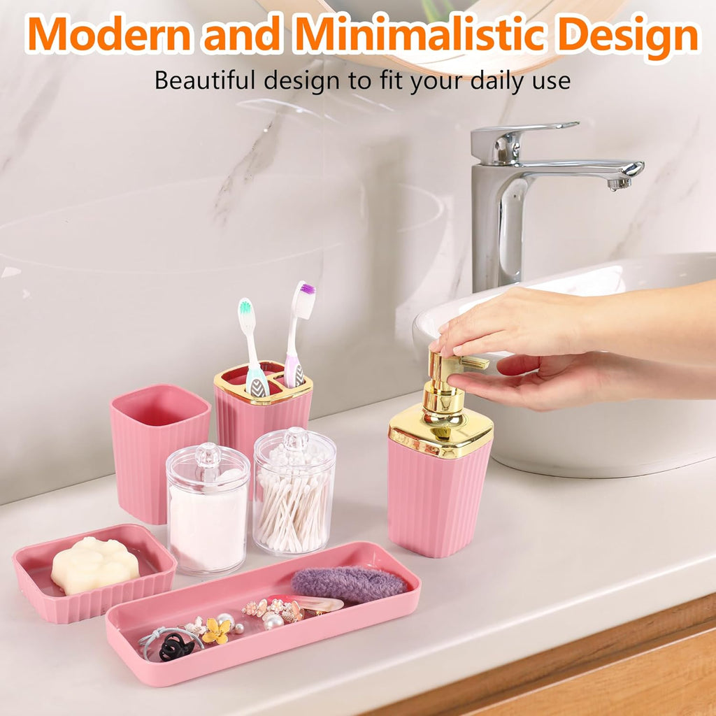 Skiennix 9-Piece Pink Bathroom Accessory Set - Stylish Trash Can, Toothbrush Holder & More