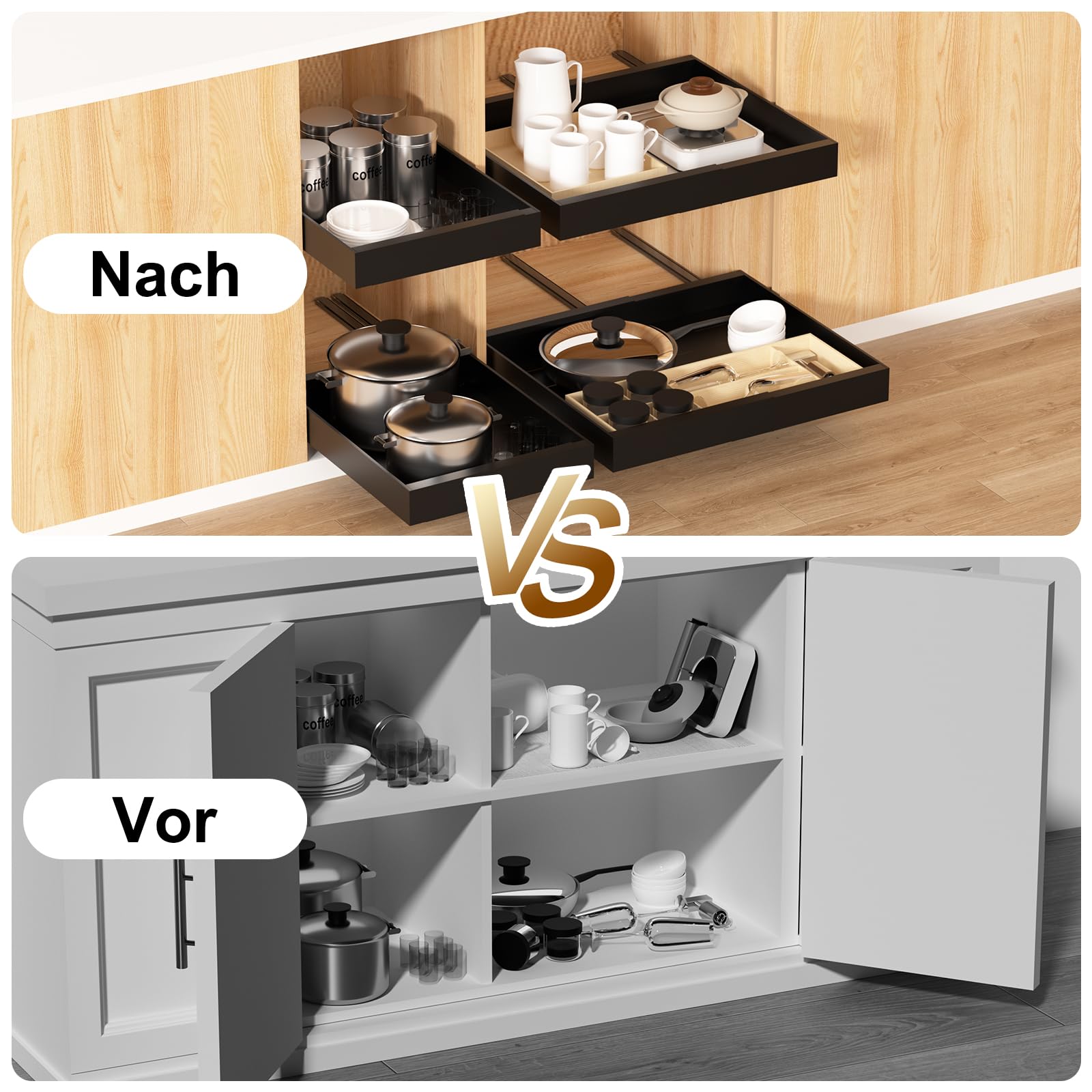 Melovinho 2 Pack Expandable Pull Out Kitchen Cabinet Organizer,Adhesive No Drilling Slide Out Drawers for Kitchen Base Cabinet,Shelves,PantryStorage, Adjustable Width Cabinets Drawers 12.4"-20.4"