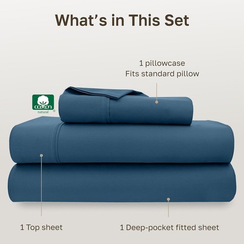 California Design Den Twin Cotton Sheet Set - 100% Long Staple Cotton, 400 Thread Count, Silky Sateen - Peacock Blue