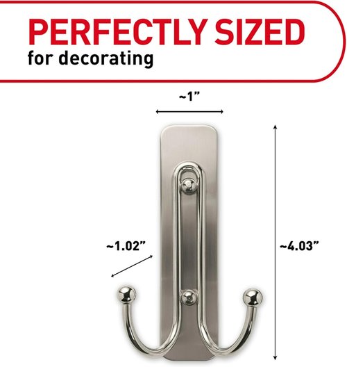 Command Large Brushed Nickel Double Hooks - Damage-Free Wall Hooks with Adhesive Strips | Holds Up to 4 lb