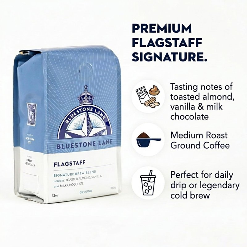 Bluestone Lane Flagstaff Ground Coffee, Medium Roast, Filter & Cold Brew Blend, 12 Ounce Bag