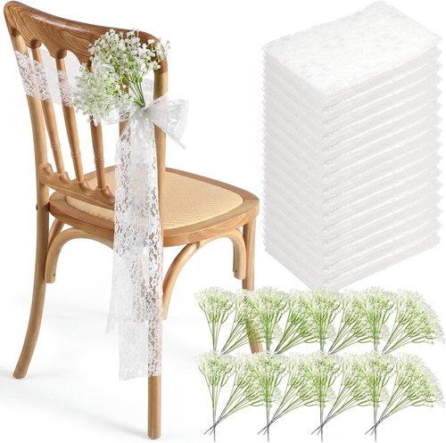 Moukeren White Lace Chair Sashes - 24 Sets with Artificial Baby's Breath | 8.2ft Wedding Aisle Decor