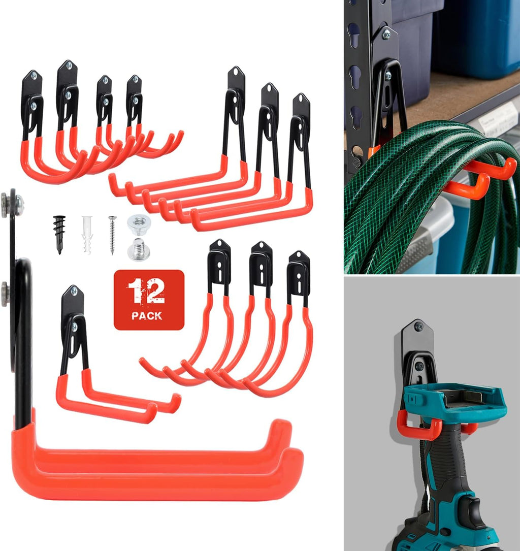Wallmaster Garage Hooks - 12 Pack Adjustable Heavy-Duty Utility Hooks for Garden Tool Organization