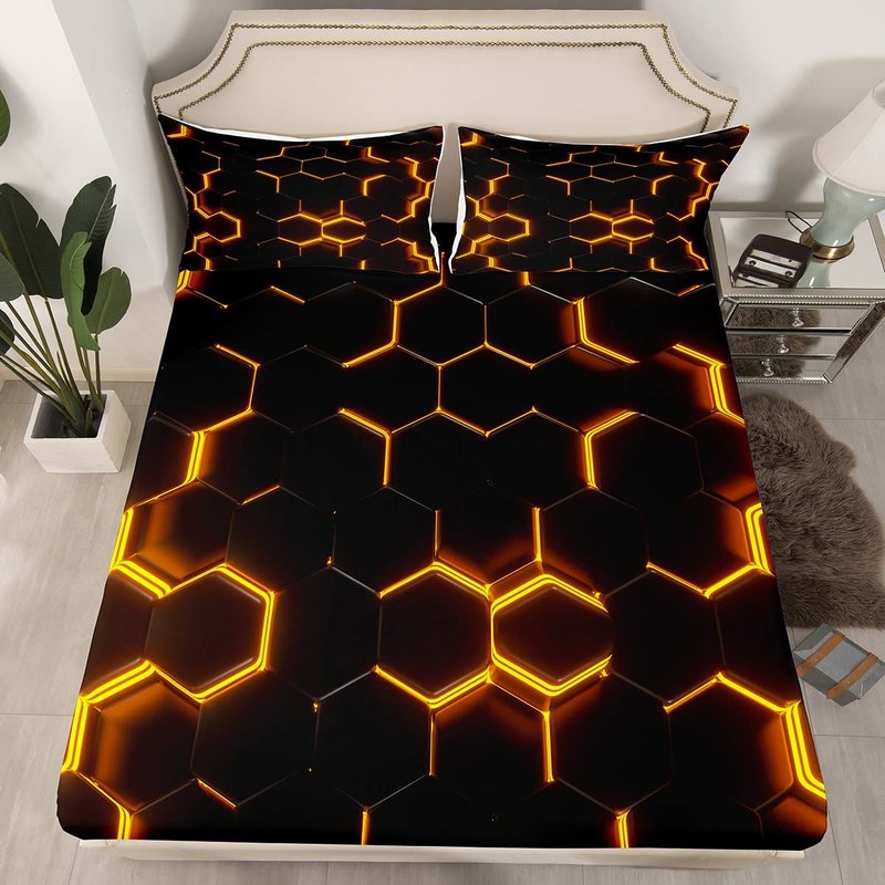 Feelyou Honeycomb Bedding Sheets Twin Size Yellow and Brown Neon Lights Bed Sheet Set Geometric Hexagon Bedding Set 3pcs for Kids Boys Girls Bedroom Decor Black Sheet Set with 1 Pillowcase