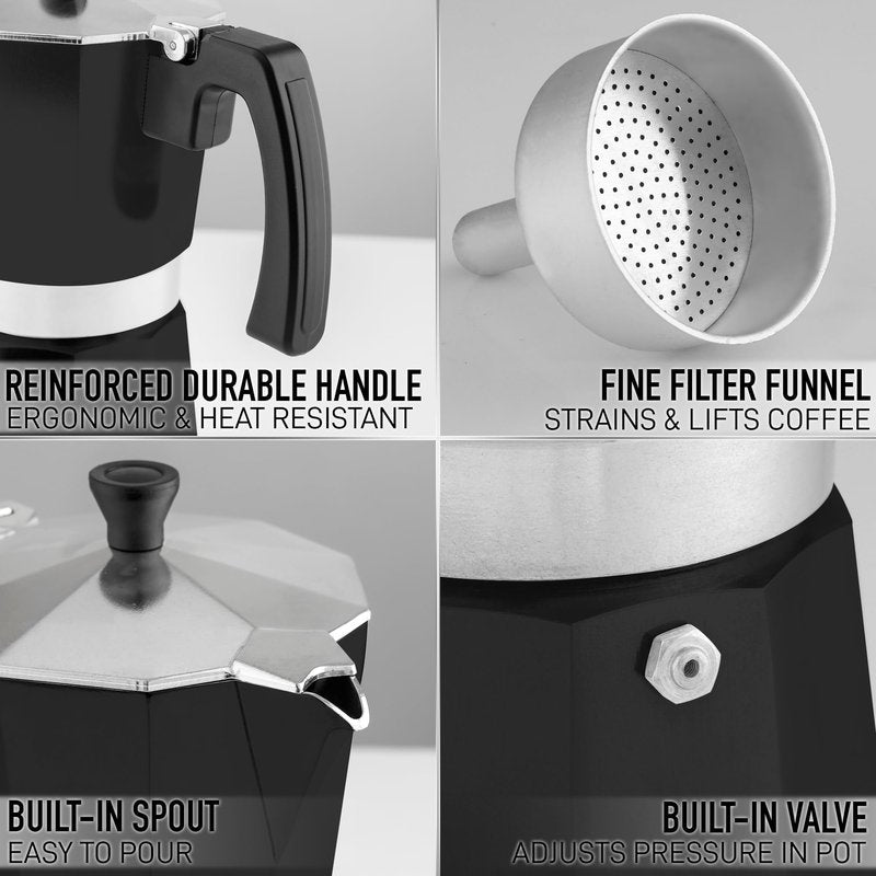 Zulay Moka Pot Espresso Stovetop Coffee Maker - Leak-Proof, Stainless Steel, Easy to Clean, Heat Resistant Handle & Knob - for Authentic Cuban & Italian Style Espresso - Makes 9 Espresso Cups - Black