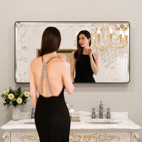 LOAAO Brushed Nickel Bathroom Mirror - 55x30 Inch Rounded Rectangle Design | Anti-Rust, Shatterproof, Versatile Hanging Options