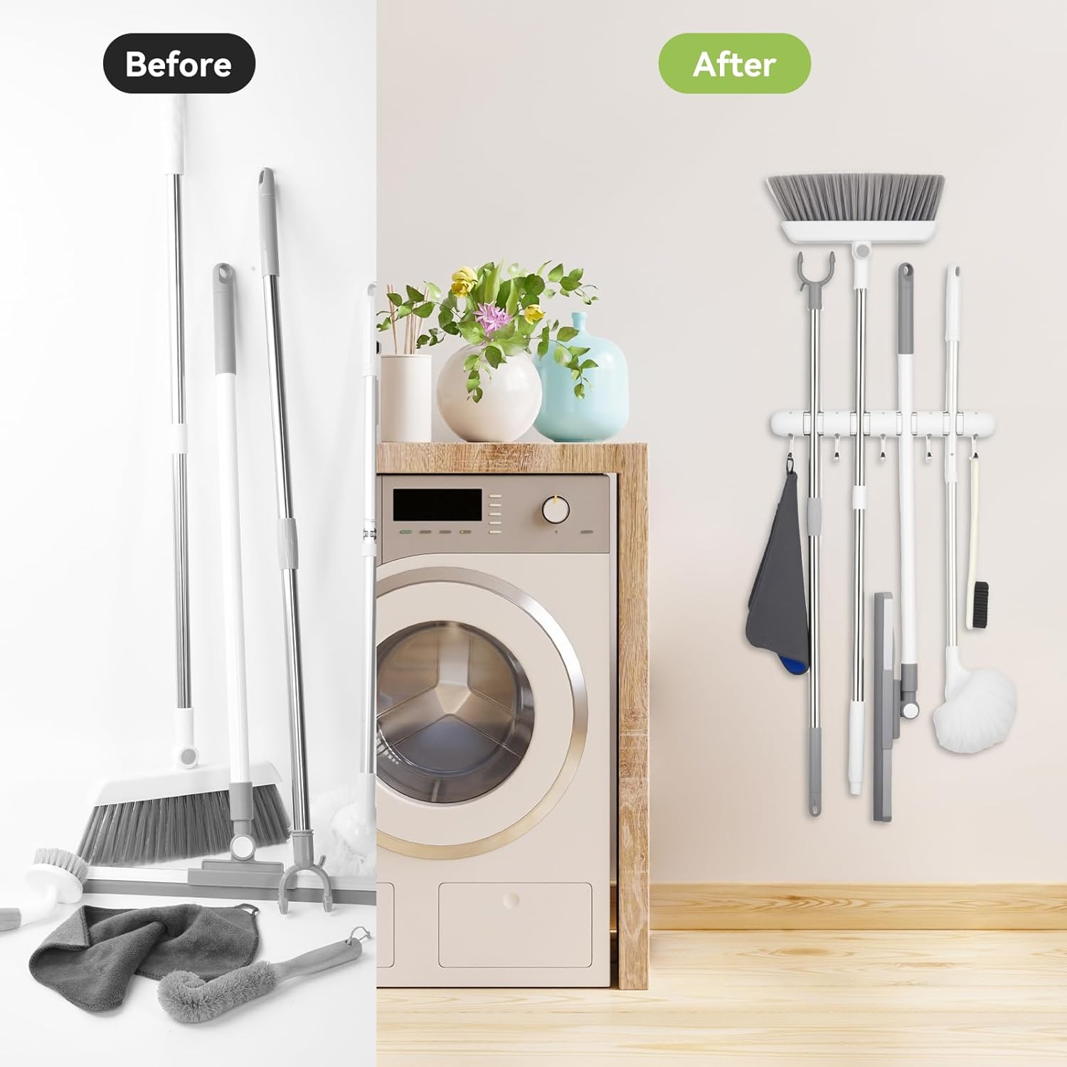 OTraki Broom Holder Wall Mount - No Drill Mop Organizer with 4 Slots & 5 Hooks | Ideal for Garage & Kitchen Storage