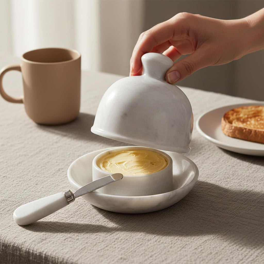 Radicaln Marble Butter Dish With Lid 6" Inches White Handmade Butter Storage Container, Ideal Butter Dish and Butter Crock For Counter With Water