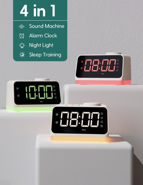 BABELIO Alarm Clock Sound Machine with Sleep Training, 17 Smoothing Sounds, Night Light, Timer, Gentle Wake up for Bedrooms, Adults, Kids and Baby