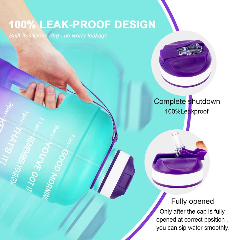 QuiFit Motivational Gallon Water Bottle - with Straw & Time Marker BPA Free Large Reusable Sport Water Jug with Handle for Fitness Outdoor Enthusiasts Leak-Proof (Green/Purple,1 gallon)