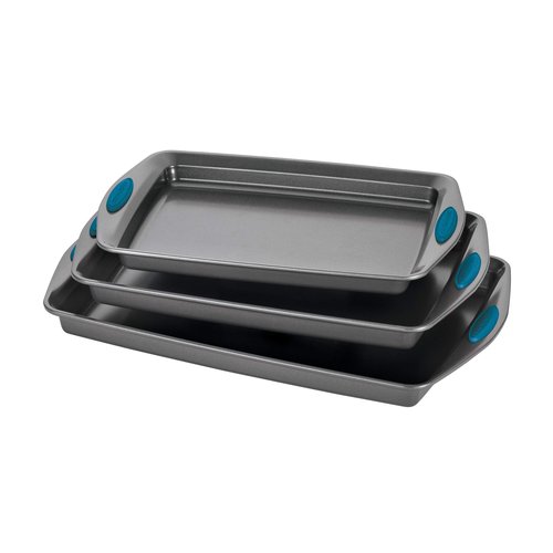 Rachael Ray Bakeware Nonstick Cookie Pan Set, 3-Piece, Gray with Marine Blue Grips & Yum-o! Bakeware Oven Lovin' Nonstick Loaf Pan, 9-Inch by 5-Inch Steel Pan, Gray with Marine Blue Handles