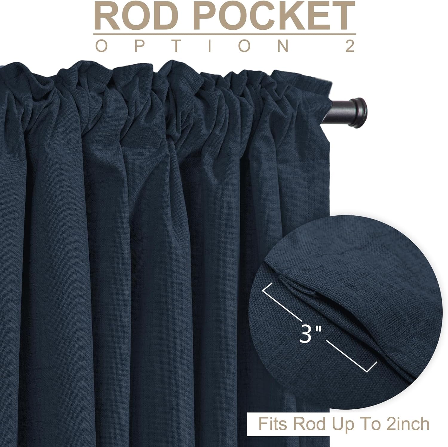 Skiennix 100% Blackout Linen Curtains - Thermal Insulated Drapes, 50" W x 96" L, Navy | 2 Panels Set
