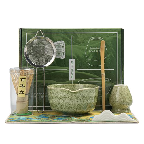 Matcha Set, Matcha Whisk Set Includes Matcha Bowl with Spout, Bamboo Whisk, Matcha Whisk Holder, Sifter, Scoop, Spoon Holder, Tea Towel- 7pcs Perfect Matcha Kit for Matcha Tea Ceremony (Jade Green)