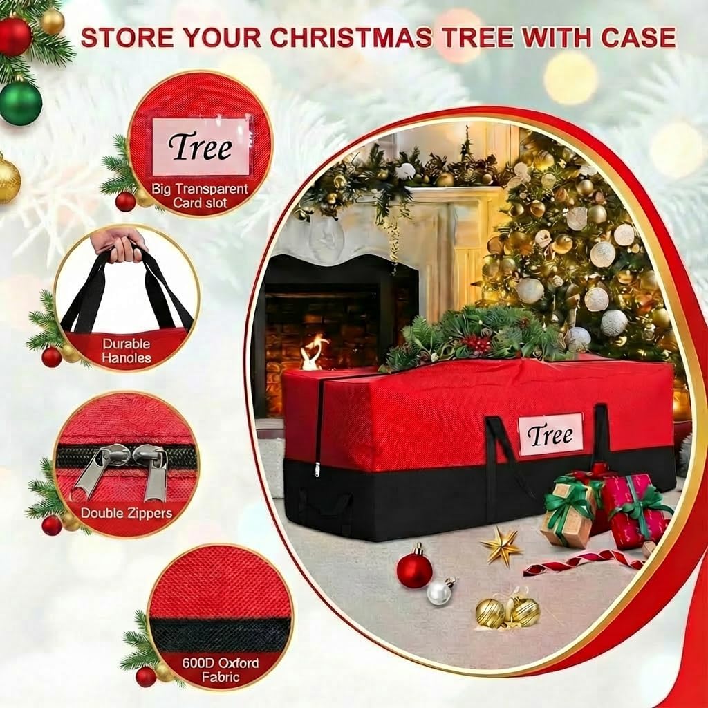 PLTCAT Christmas Tree Storage Bag - Heavy-Duty 10-12 Ft Artificial Tree Container with Zipper & Transparent Pocket - Red