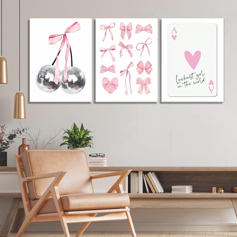 Pink Bows Wall Art Set of 3, Preppy Coquette Wall Decor, Trendy Disco Ball and Lucky Card Poster Canvas Prints for Teen Girl Apartment Bedroom Living Room Aesthetic 16x24 inch Framed